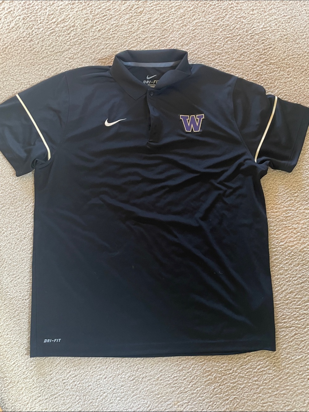 Nike Men’s Black Polo with Purple 'W' and White Trim